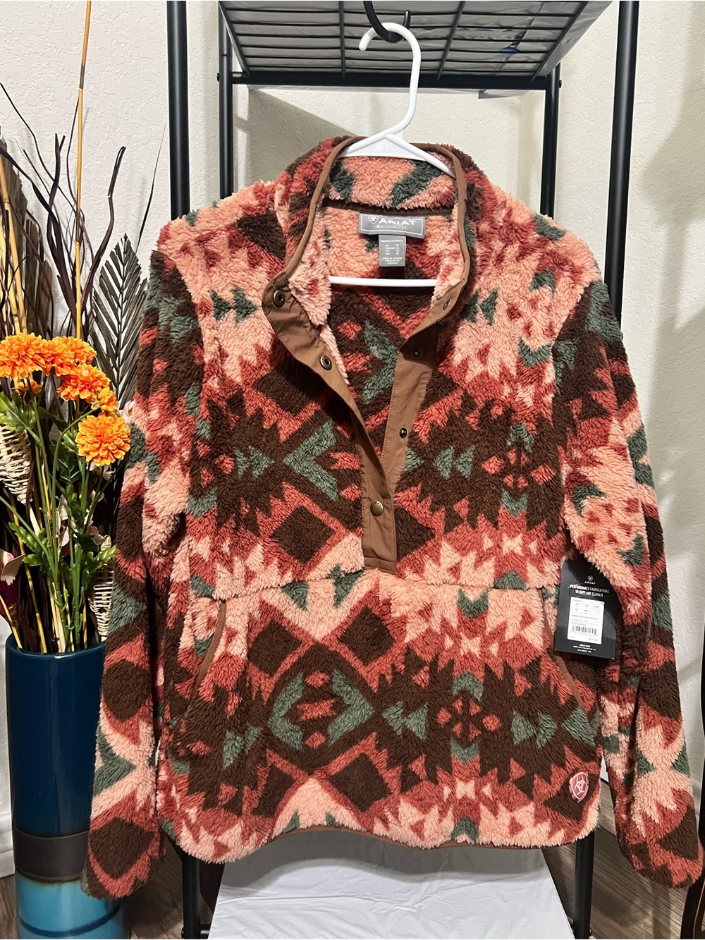 Ariat Aztec Sherpa Zip Pullover in Pink, Brown & Green